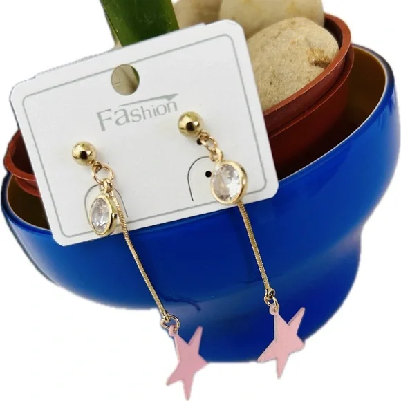Cute & Trendy Goldplated Pink Star Charmed Dangle Drop Fashion Earrings - Picture 3 of 5